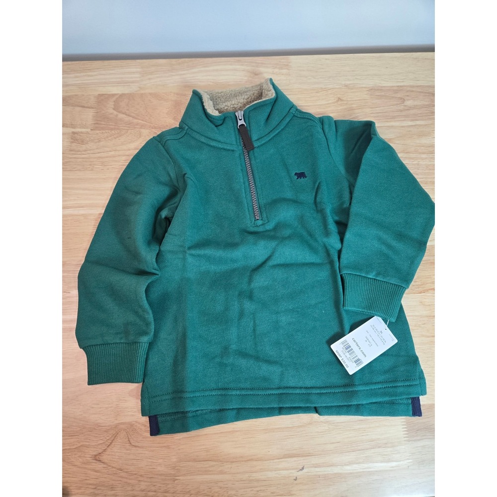Carters Boys Green Quarter Zip Sherpa Lined Pullover Sweater Bear Logo 3T NWT